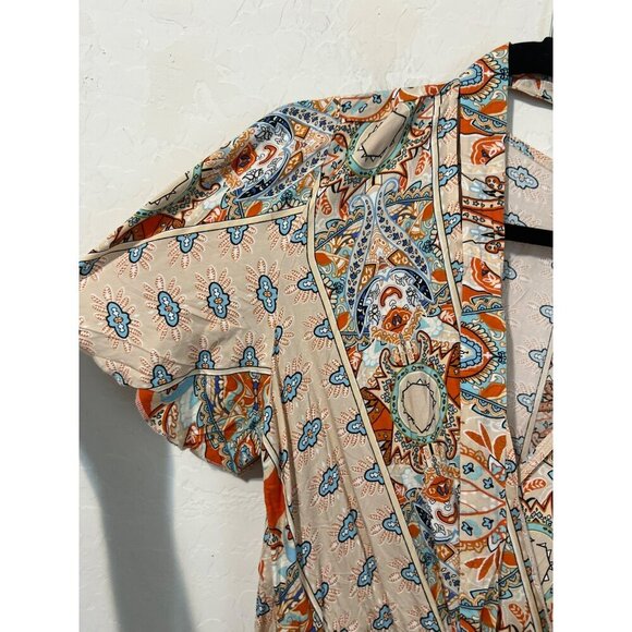 Women Orange Blue Maxi Dress With Belt Tie Sz XL Flutter Sleeves Pullover - Picture 3 of 7